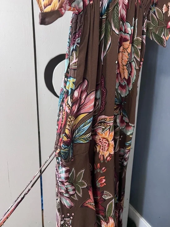Farm Rio Anthropologie Valentina Floral Maxi Dress Brown Boho Kimono Sleeve Sz S - Picture 7 of 16